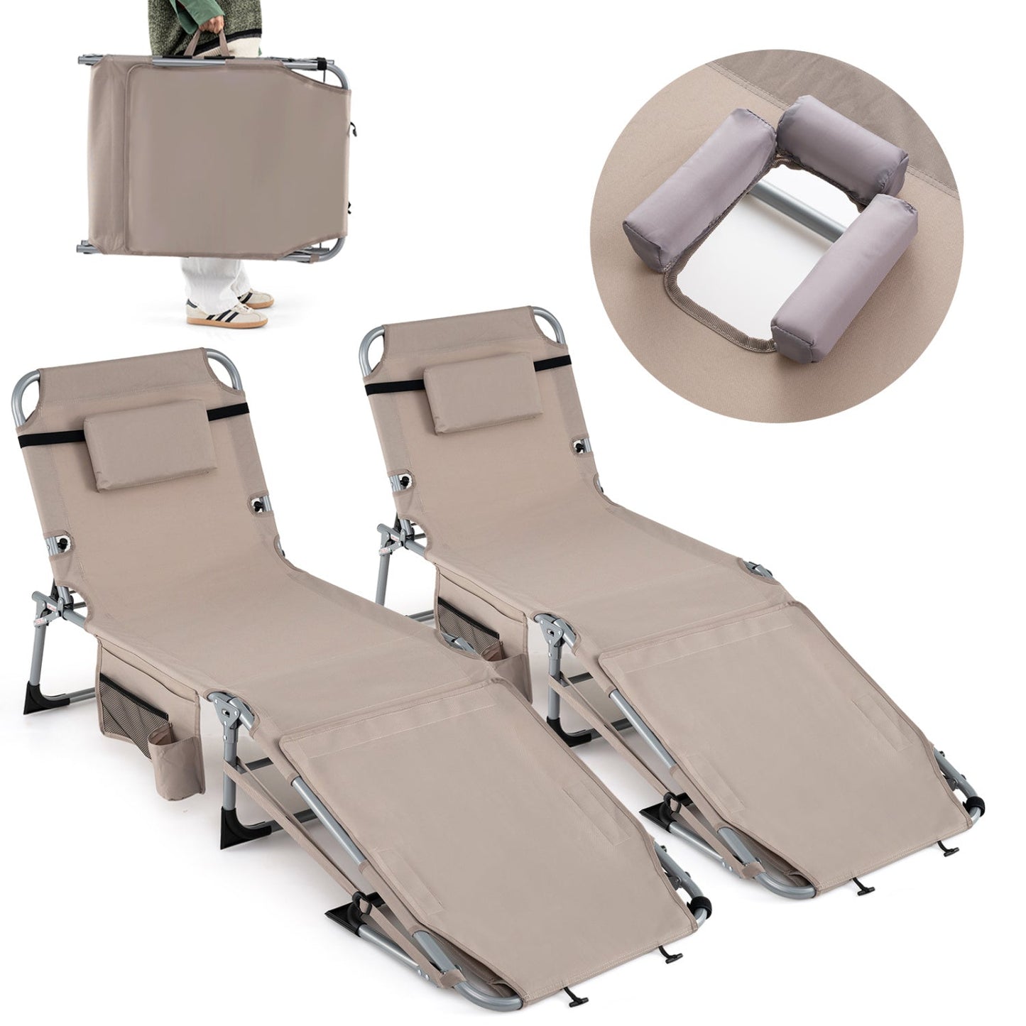 Set of 2 Tanning Chairs with Face Arm Holes Portable with 4-Level Backrest - Tampa Home & Garden Store