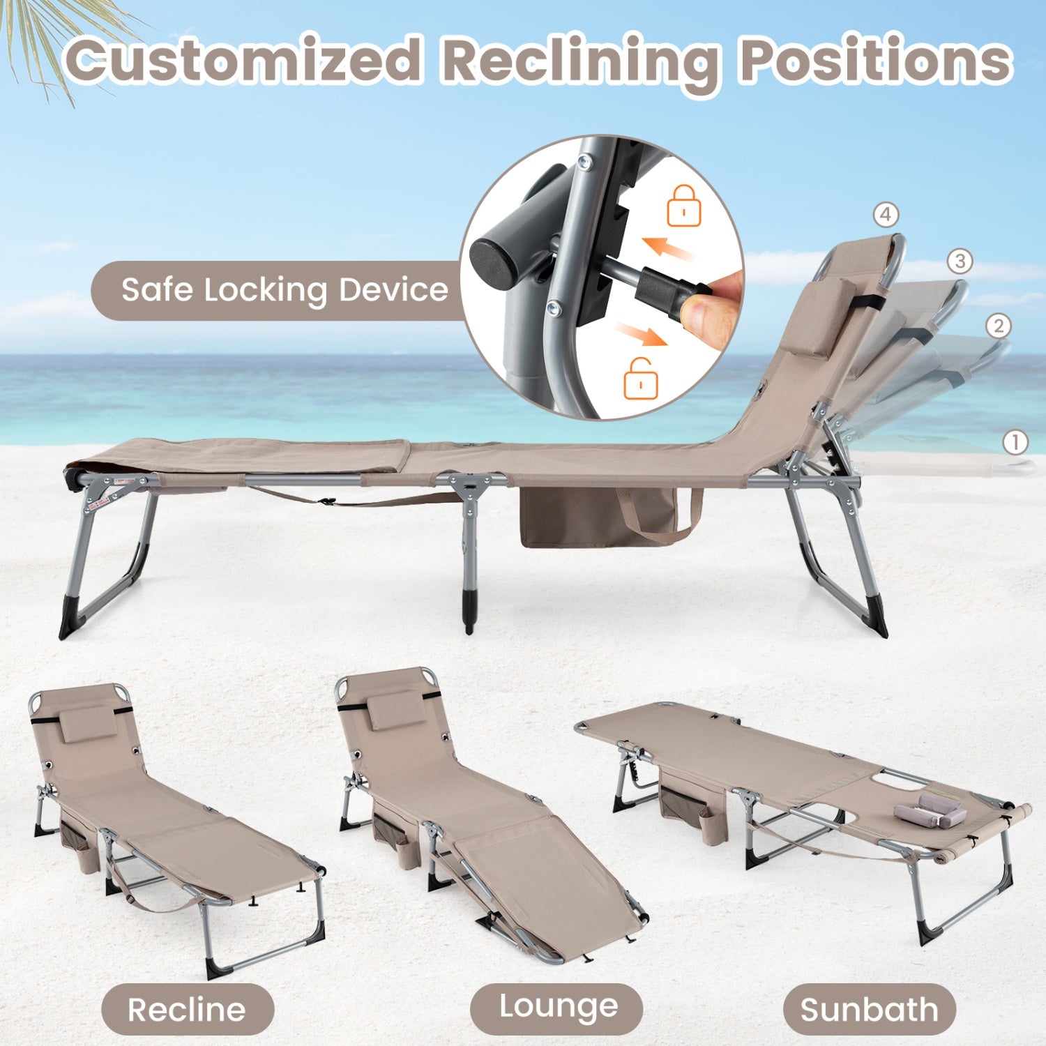 Set of 2 Tanning Chairs with Face Arm Holes Portable with 4-Level Backrest - Tampa Home & Garden Store