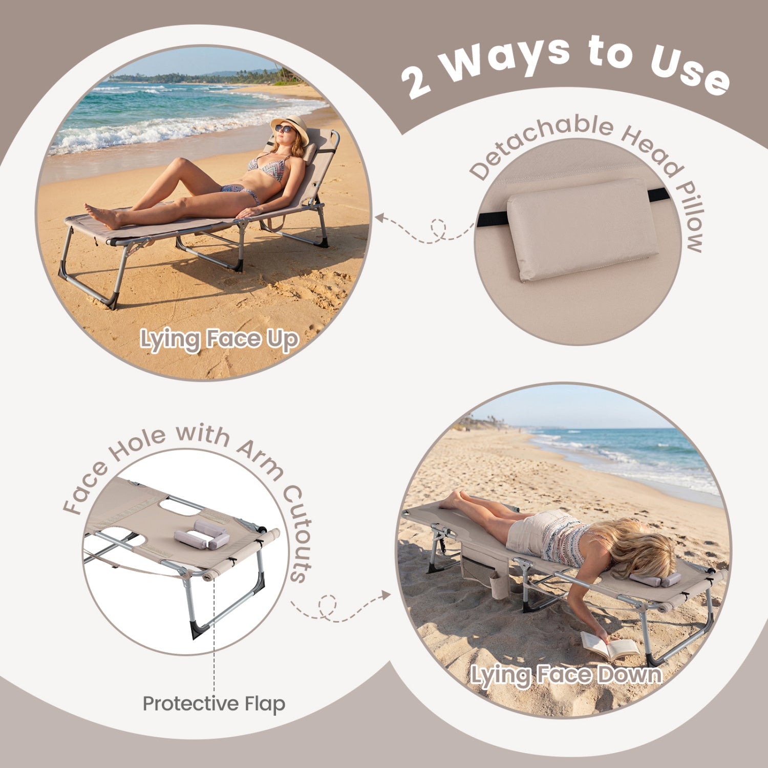 Set of 2 Tanning Chairs with Face Arm Holes Portable with 4-Level Backrest - Tampa Home & Garden Store