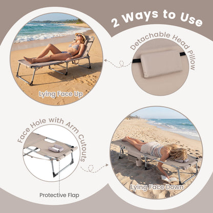Set of 2 Tanning Chairs with Face Arm Holes Portable with 4-Level Backrest - Tampa Home & Garden Store
