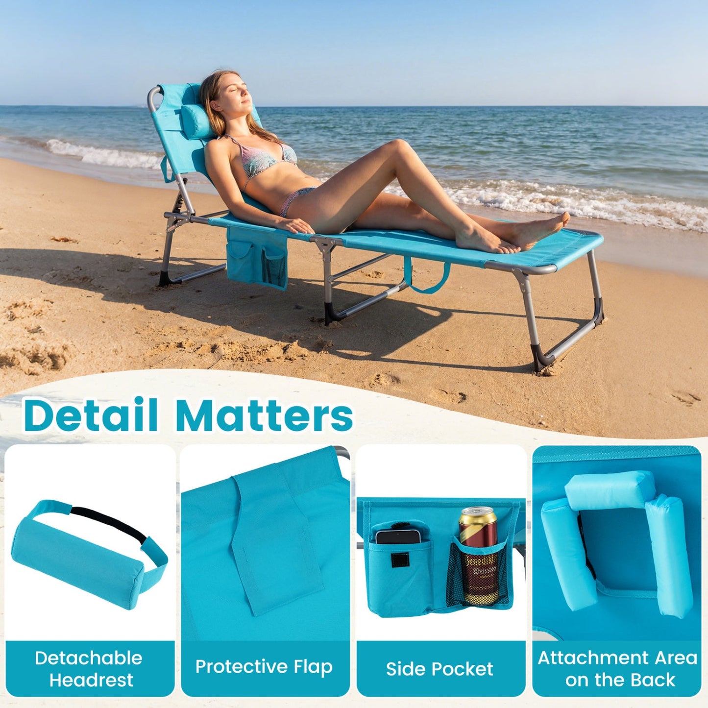 Set of 2 Tanning Chair Portable Chaise Lounge Chair with 4-Position Adjustable Backrest - Tampa Home & Garden Store