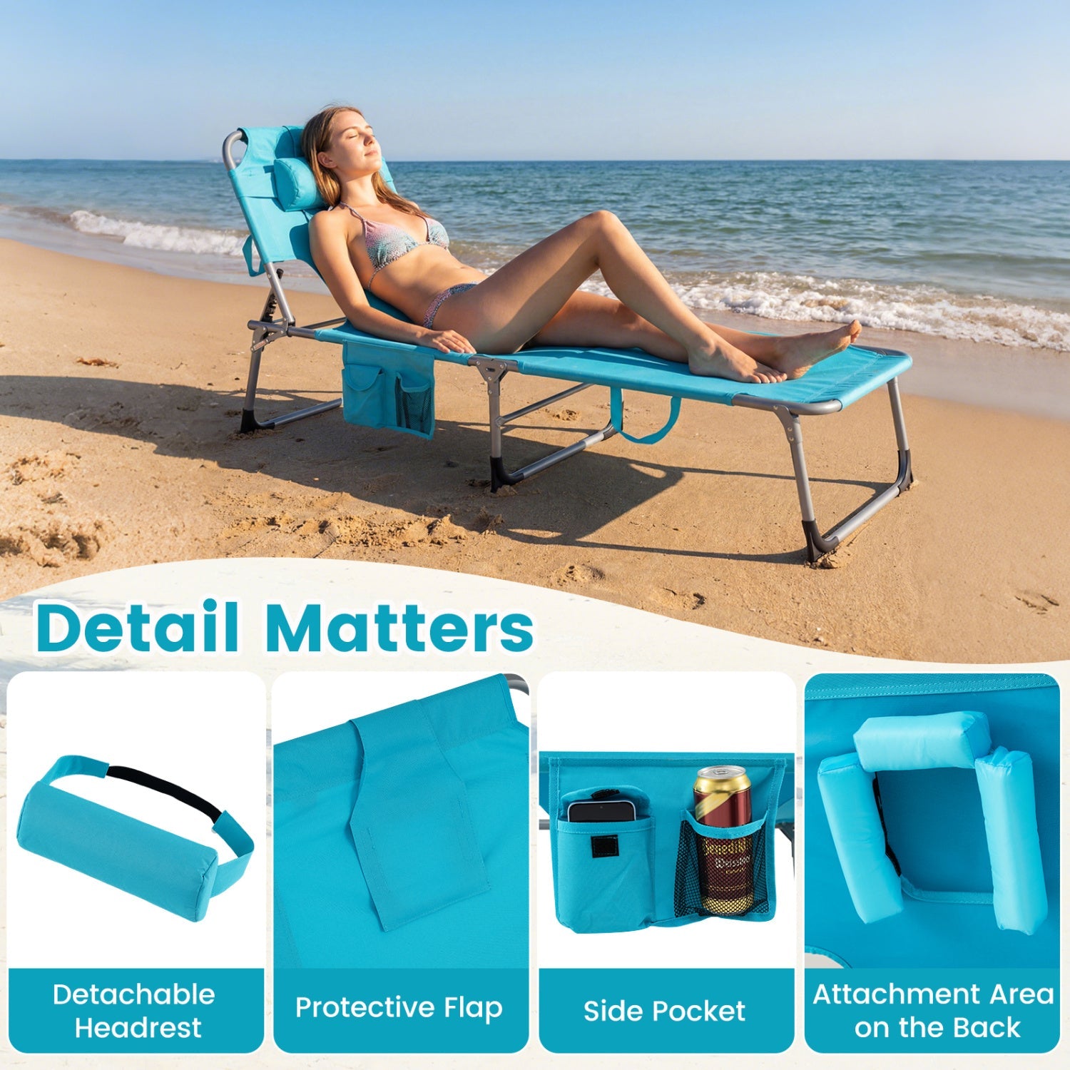 Set of 2 Tanning Chair Portable Chaise Lounge Chair with 4-Position Adjustable Backrest - Tampa Home & Garden Store