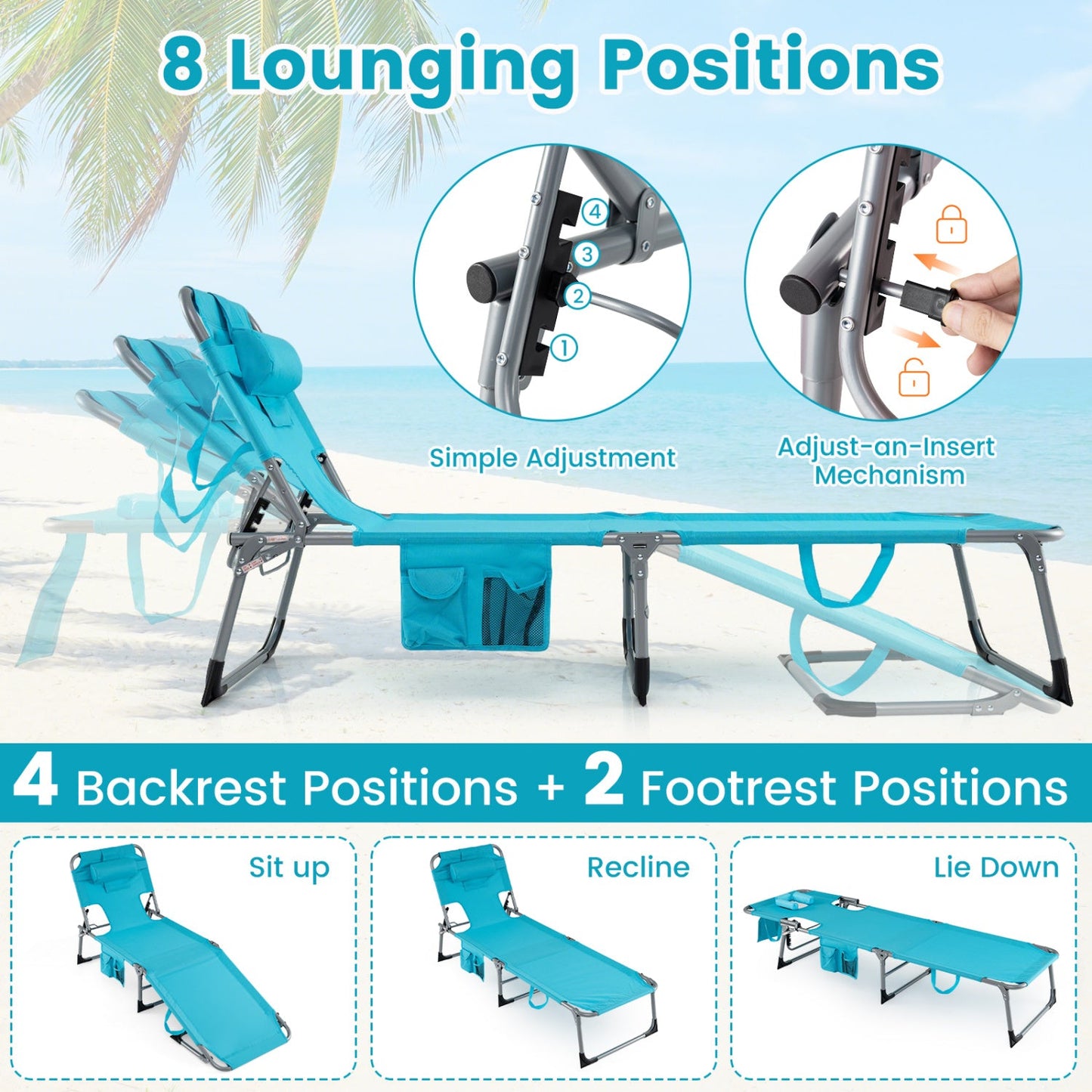 Set of 2 Tanning Chair Portable Chaise Lounge Chair with 4-Position Adjustable Backrest - Tampa Home & Garden Store