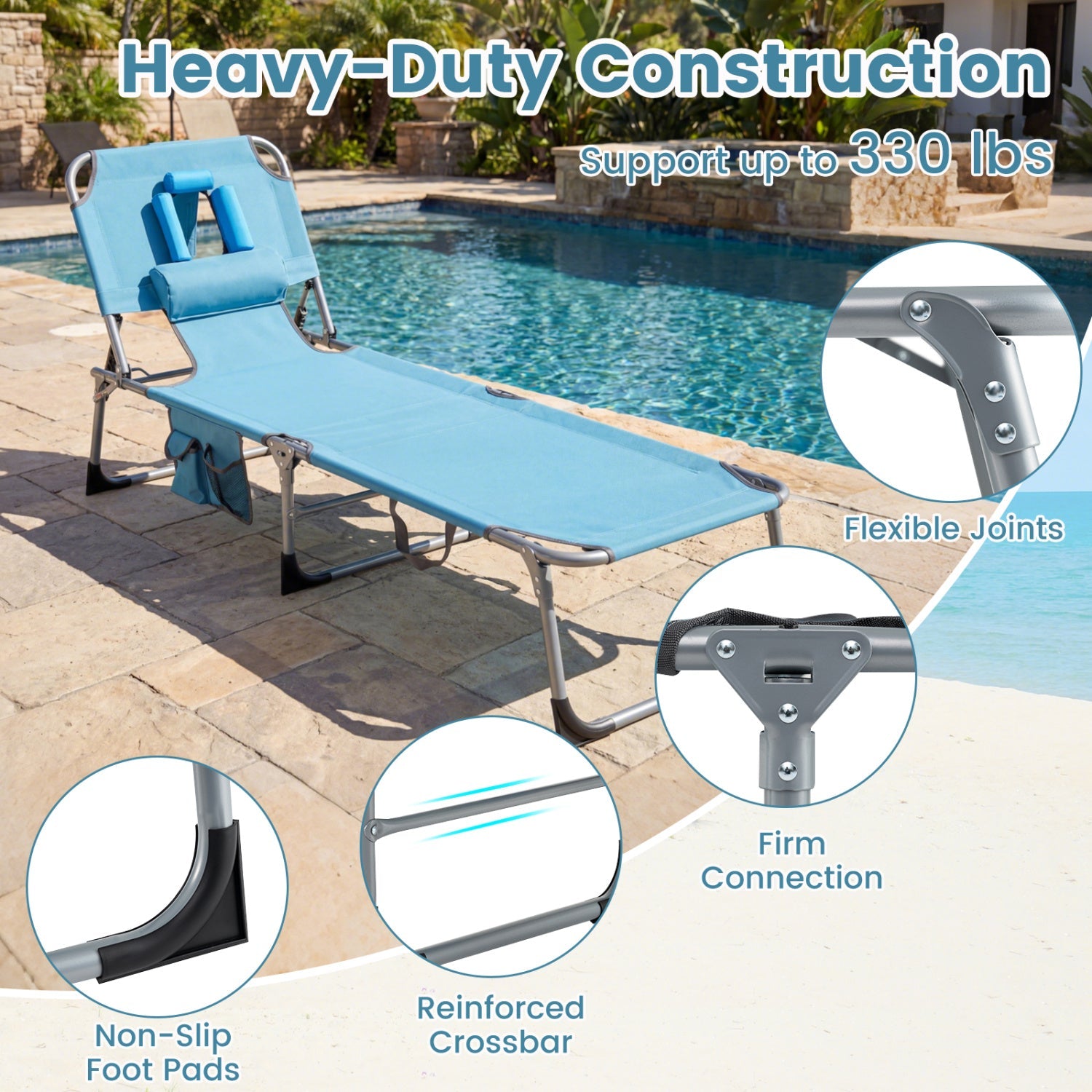 Set of 2 Tanning Chair Portable Chaise Lounge Chair with 4-Position Adjustable Backrest - Tampa Home & Garden Store