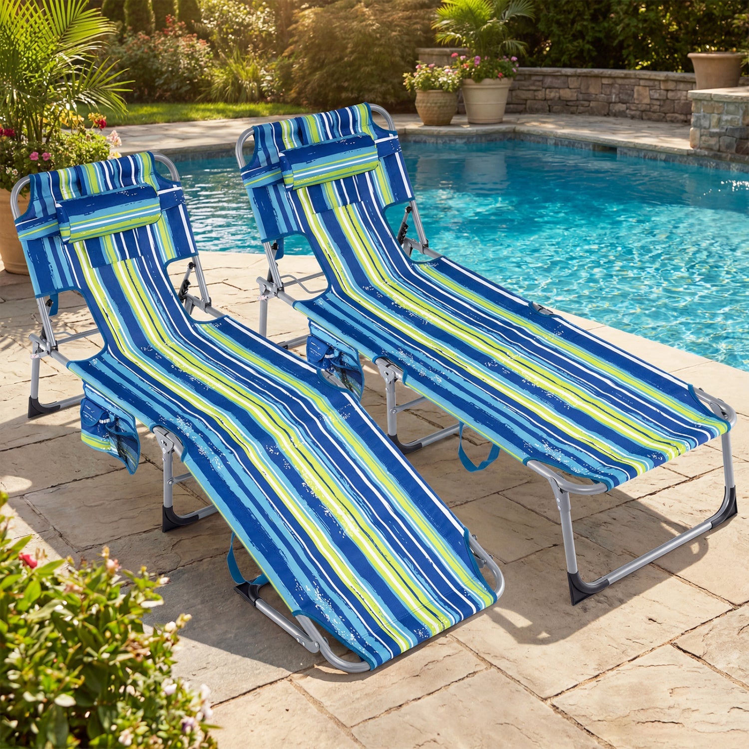 Set of 2 Tanning Chair Portable Chaise Lounge Chair with 4-Position Adjustable Backrest - Tampa Home & Garden Store