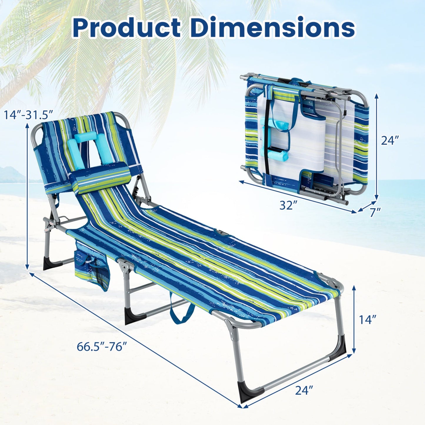 Set of 2 Tanning Chair Portable Chaise Lounge Chair with 4-Position Adjustable Backrest - Tampa Home & Garden Store