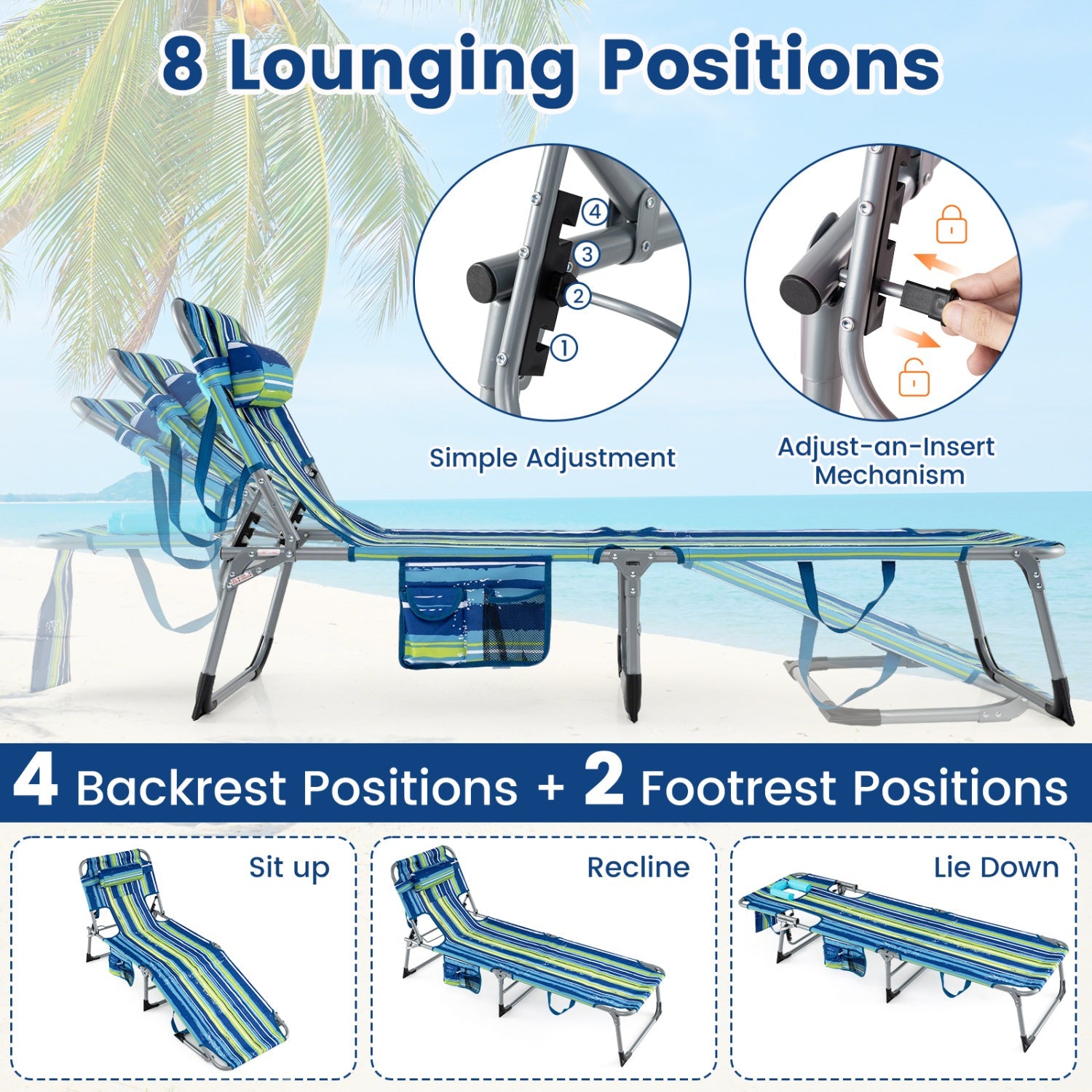Set of 2 Tanning Chair Portable Chaise Lounge Chair with 4-Position Adjustable Backrest - Tampa Home & Garden Store