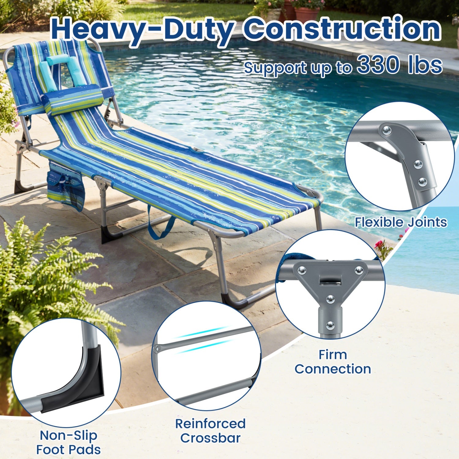 Set of 2 Tanning Chair Portable Chaise Lounge Chair with 4-Position Adjustable Backrest - Tampa Home & Garden Store