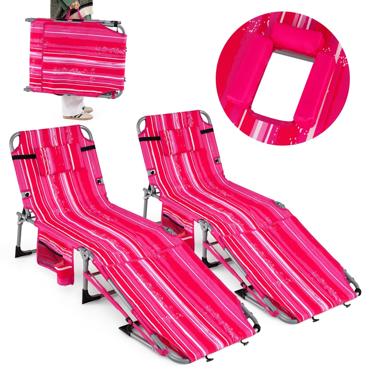 Set of 2 Tanning Chairs with Face Arm Holes Portable with 4-Level Backrest - Tampa Home & Garden Store