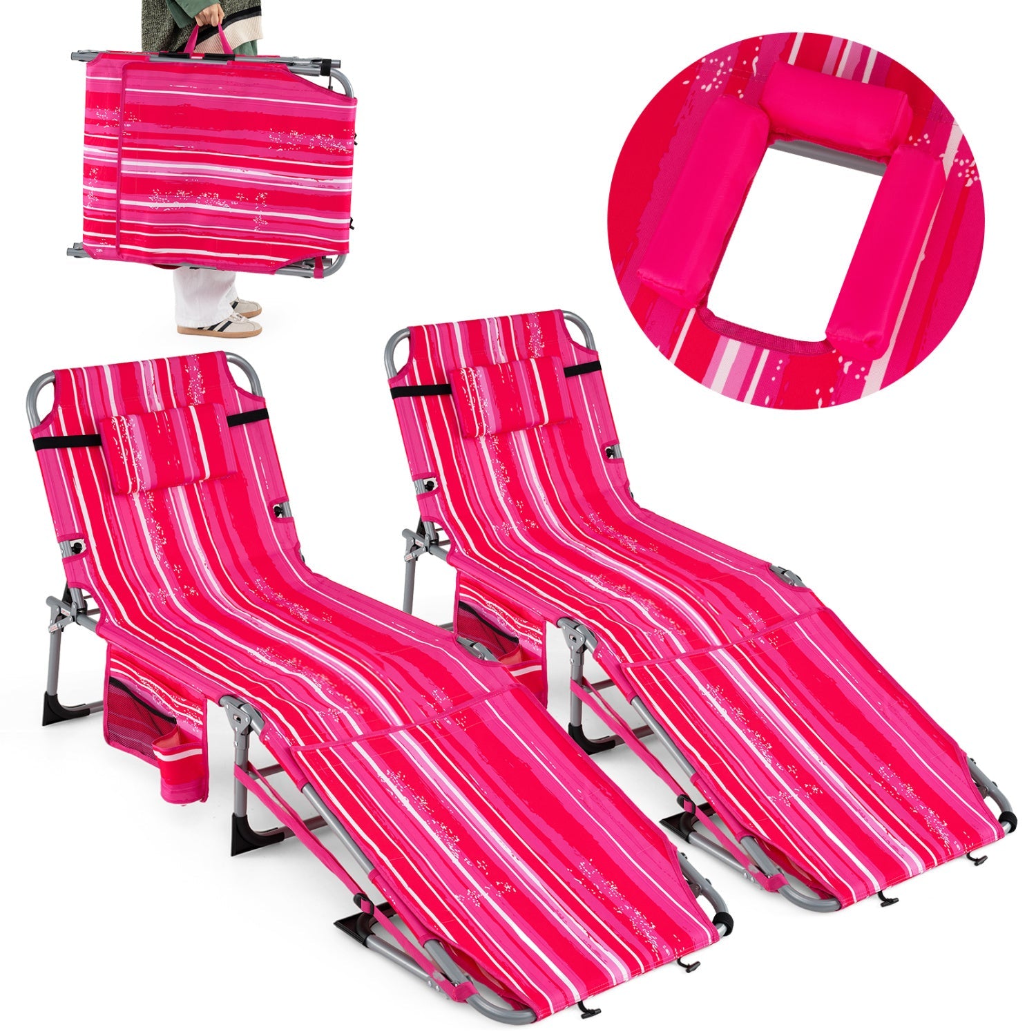 Set of 2 Tanning Chairs with Face Arm Holes Portable with 4-Level Backrest - Tampa Home & Garden Store