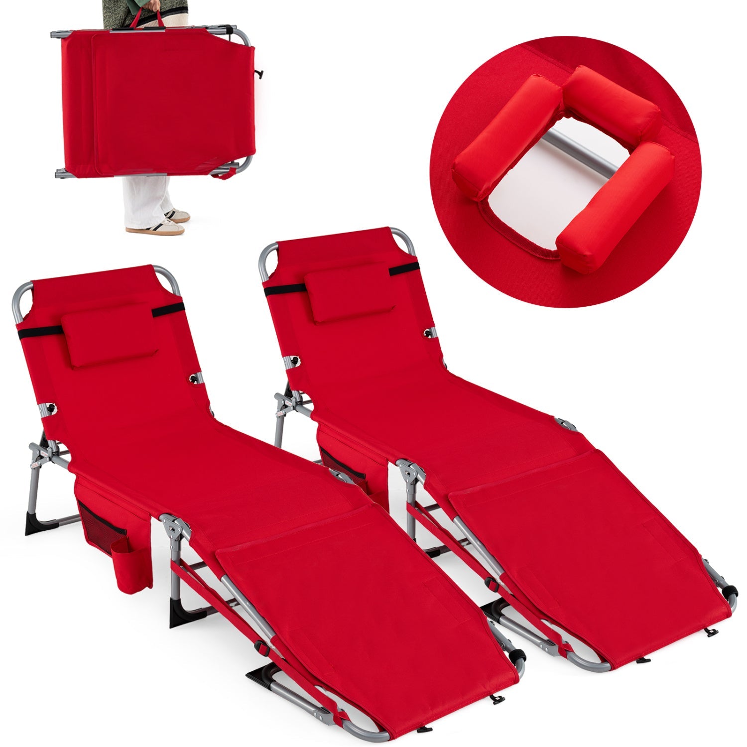 Set of 2 Tanning Chairs with Face Arm Holes Portable with 4-Level Backrest - Tampa Home & Garden Store