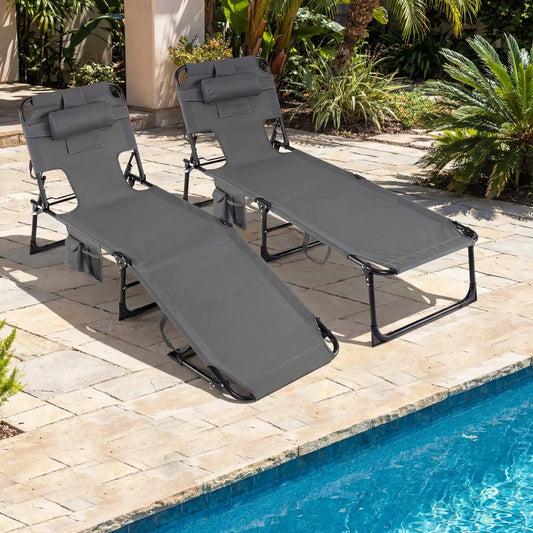 DirectDeals adjustable tanning chaise lounge pair with face holes in grey fabric, poolside on Tampa Home & Garden Store