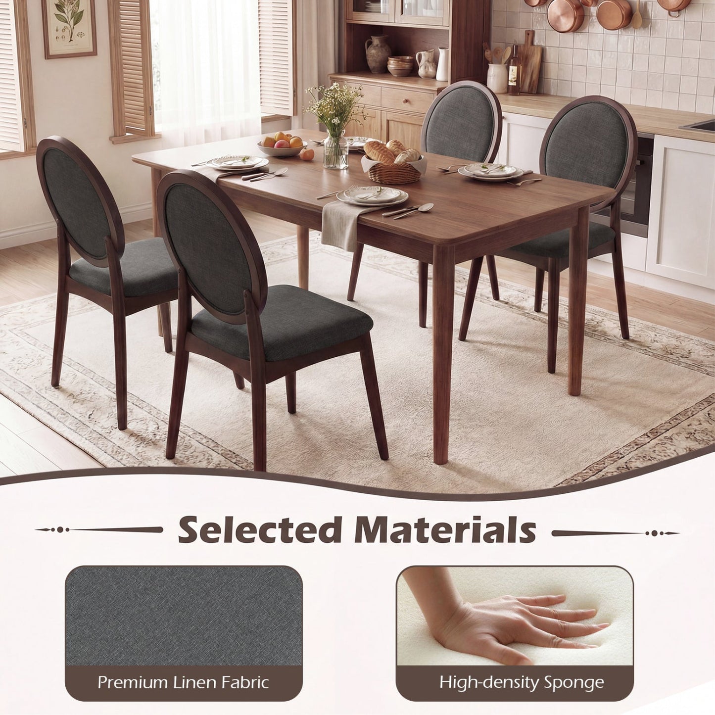 Set of 2 Upholstered Linen Fabric Kitchen Side Chairs with Padded Seat