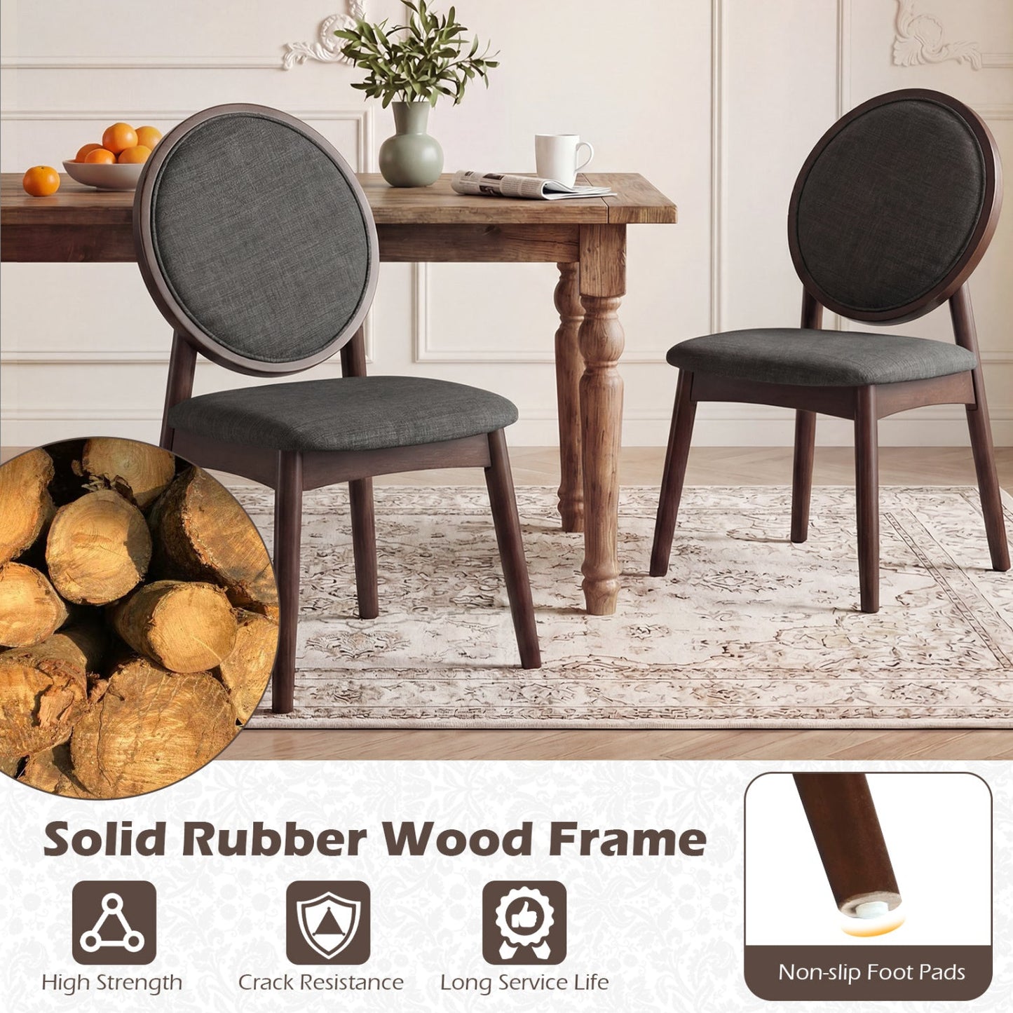 Set of 2 Upholstered Linen Fabric Kitchen Side Chairs with Padded Seat