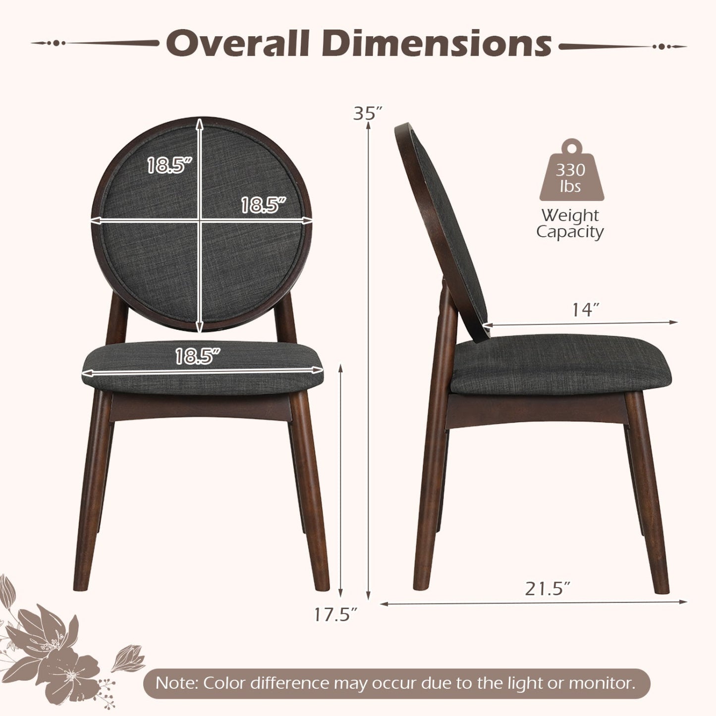 Set of 2 Upholstered Linen Fabric Kitchen Side Chairs with Padded Seat