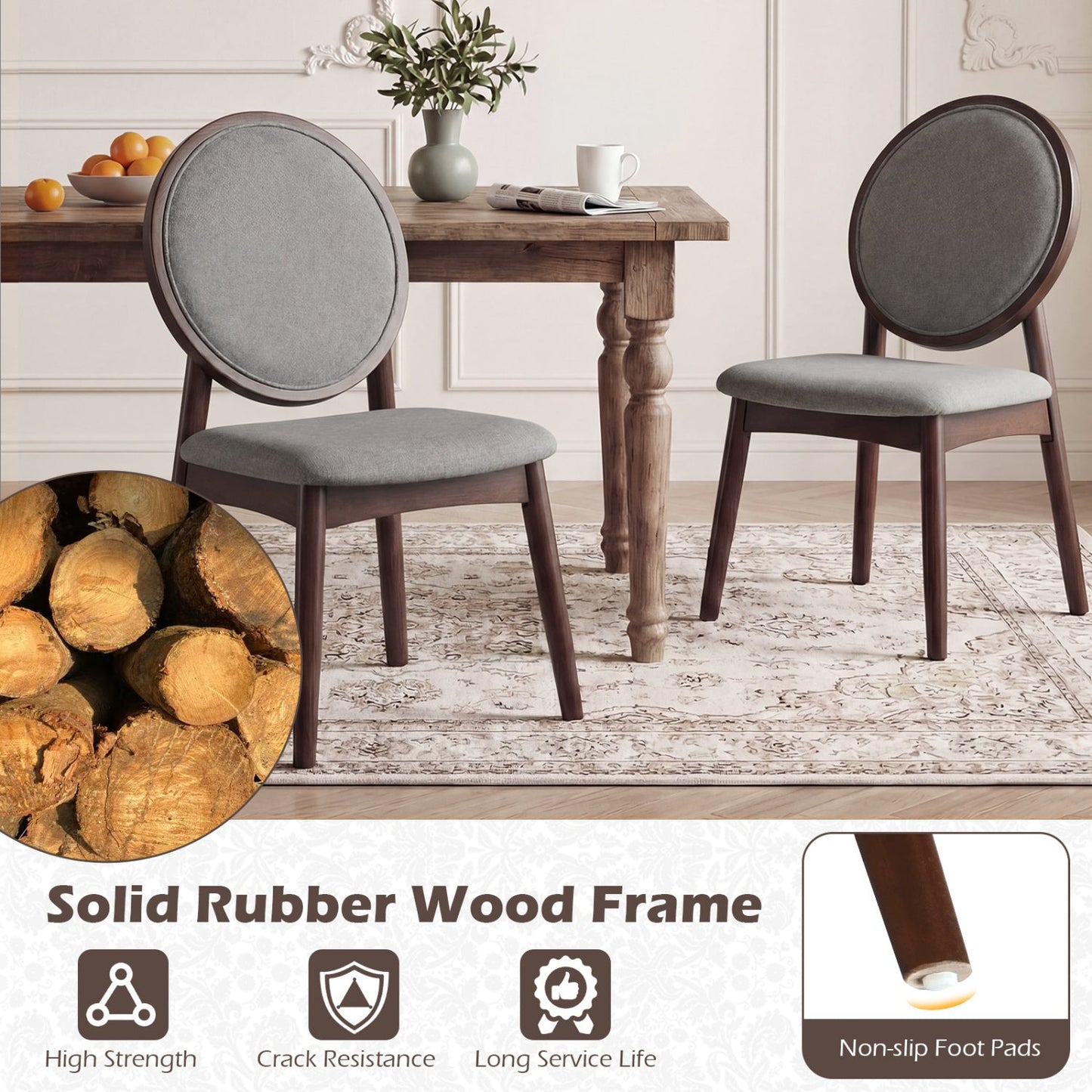 Set of 2 Upholstered Linen Fabric Kitchen Side Chairs with Padded Seat
