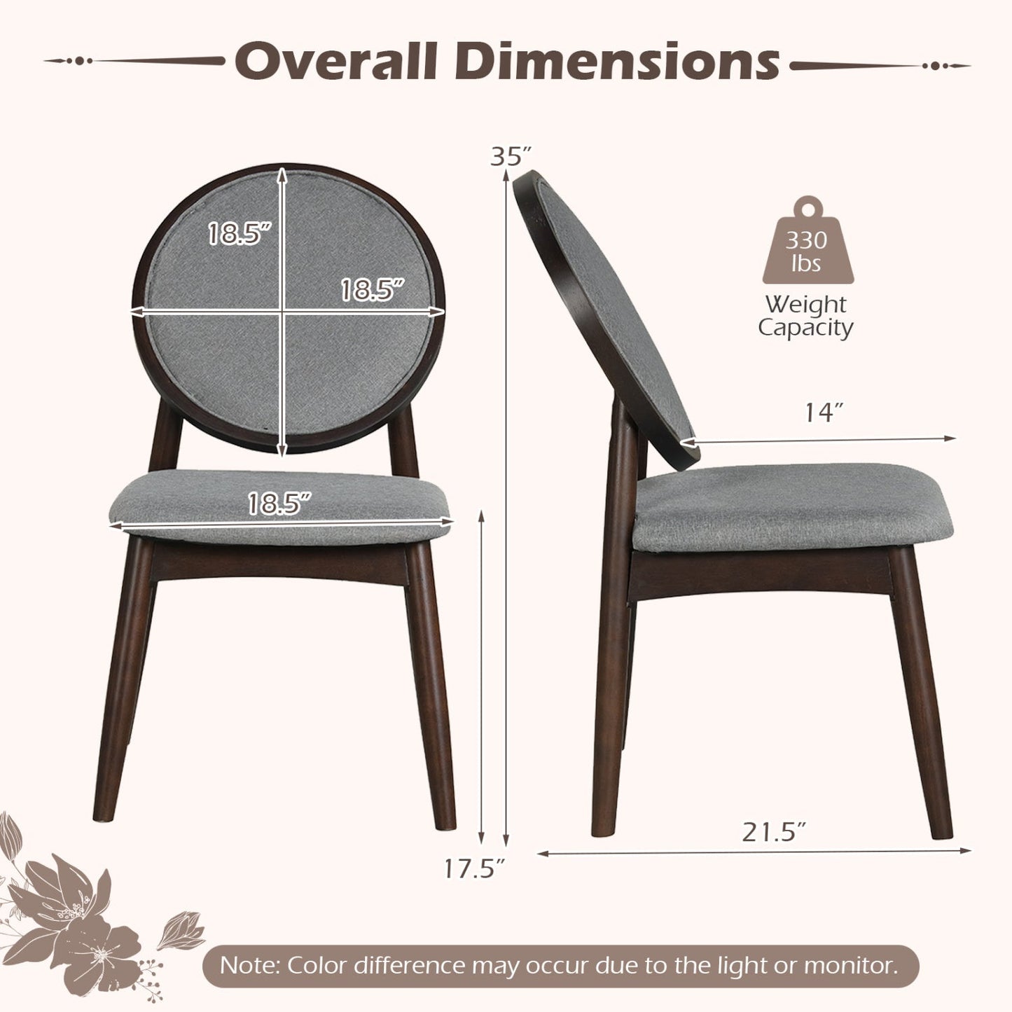 Set of 2 Upholstered Linen Fabric Kitchen Side Chairs with Padded Seat