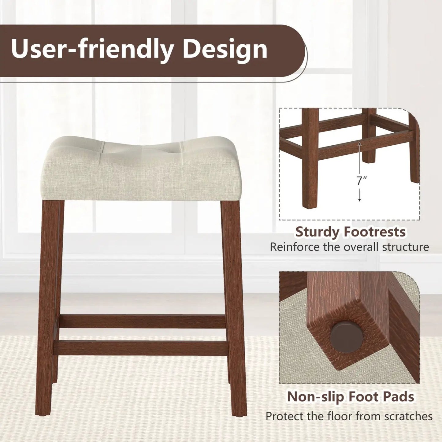 Set of 2 Upholstered Counter Height Bar Stools