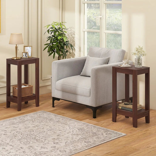 2-Tier End Tables with Storage Shelf set of 2 in dark wood with open lower shelves beside a sofa on Tampa Home & Garden Store