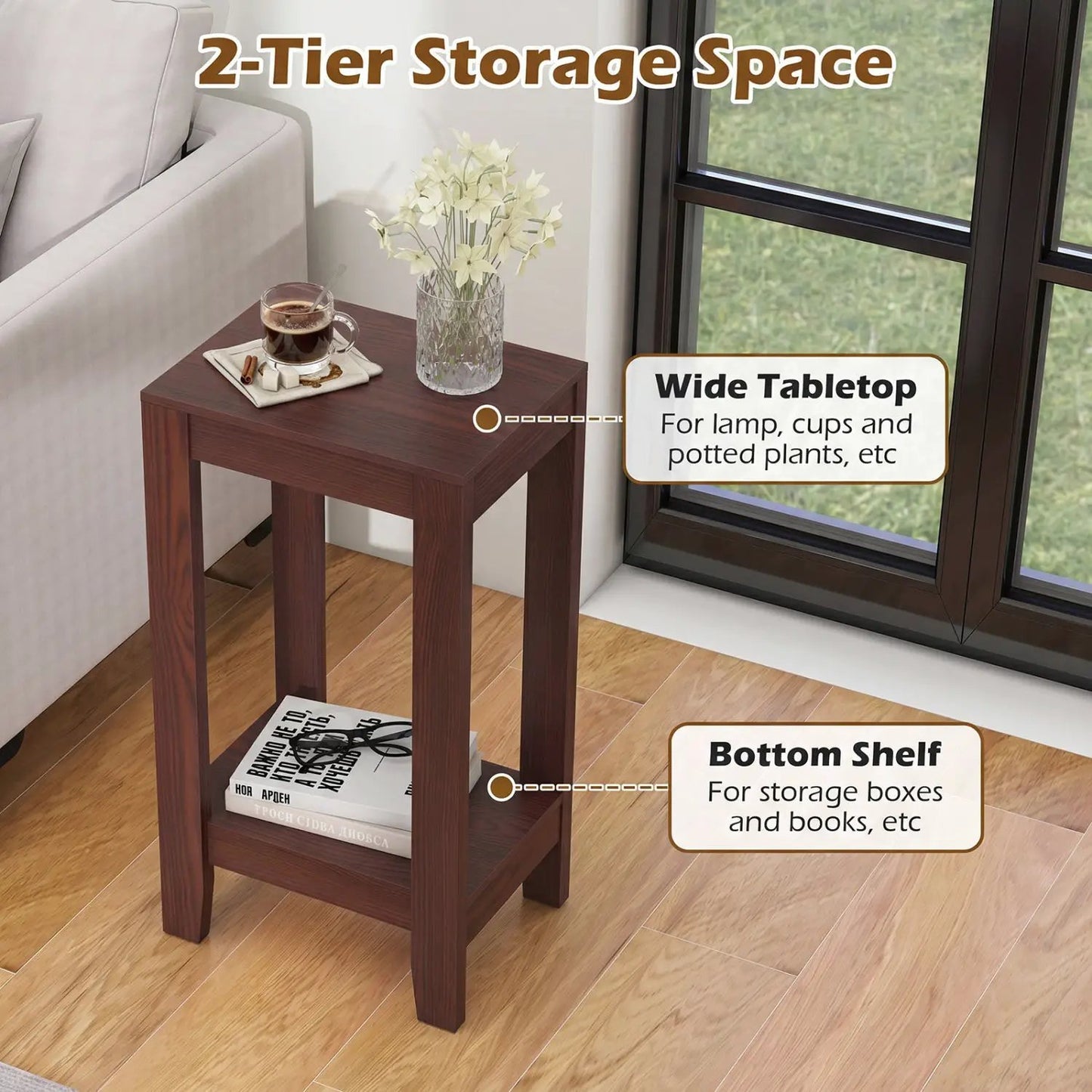 2 Tier End Tables with Storage Shelf, Set of 2