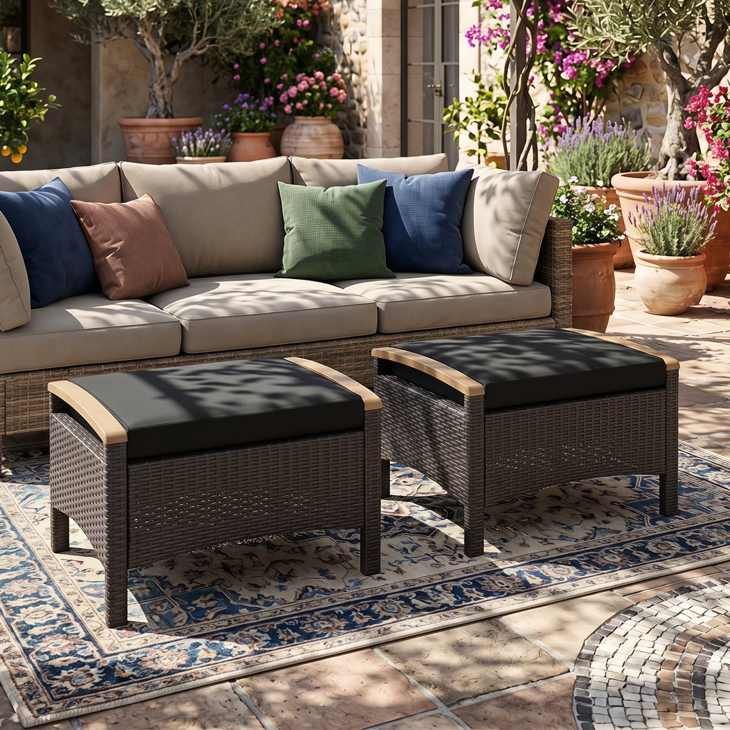 Wicker patio ottomans set of 2 with black cushions and tan trim by DirectDeals on Tampa Home & Garden Store