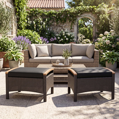 Wicker patio ottomans set of 2 with tan cushions for outdoor lounge by DirectDeals on Tampa Home & Garden Store