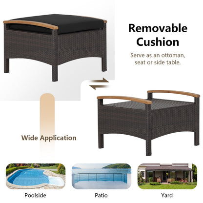 Wicker Patio Ottoman Set of 2 with Cushions, dark brown wicker, black cushions on Tampa Home & Garden Store