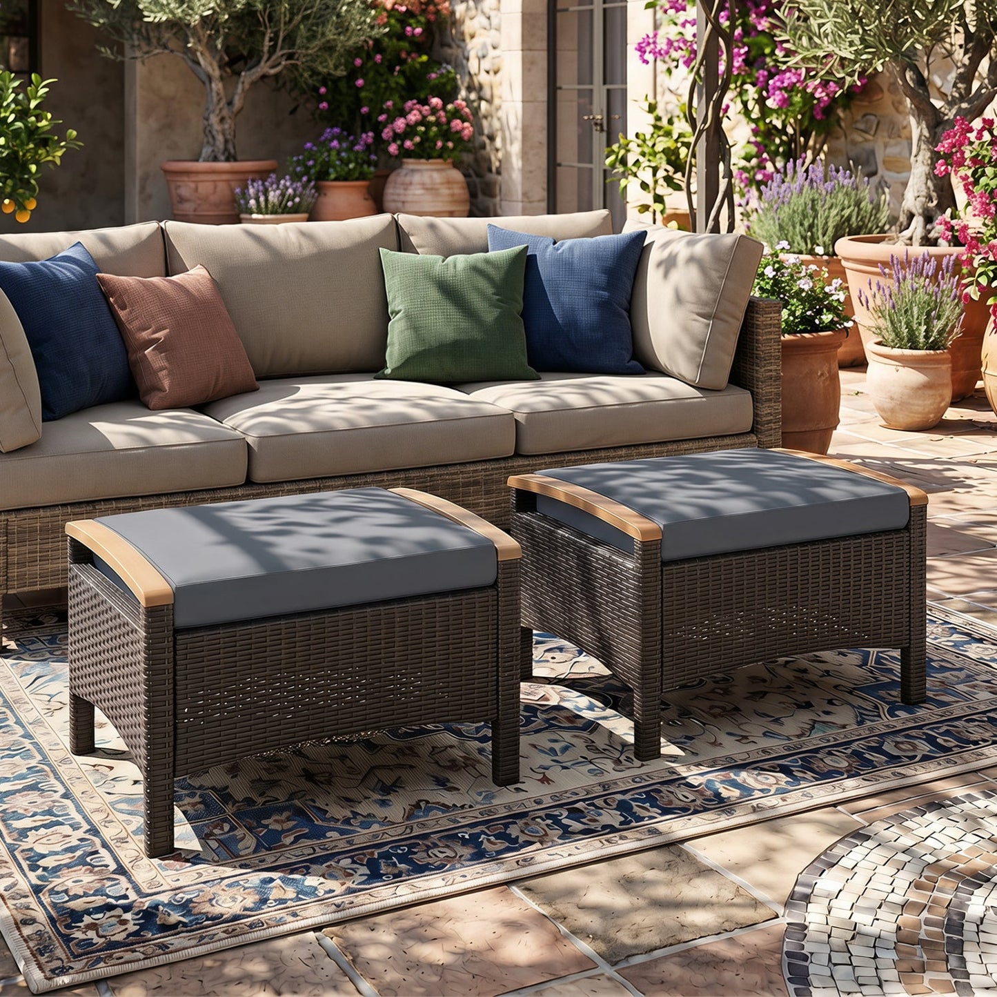 Wicker patio ottomans set of 2 with gray cushions and wood-trim tops on Tampa Home & Garden Store