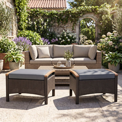 DirectDeals wicker patio ottomans set of 2 with gray cushions for outdoor lounge on Tampa Home & Garden Store