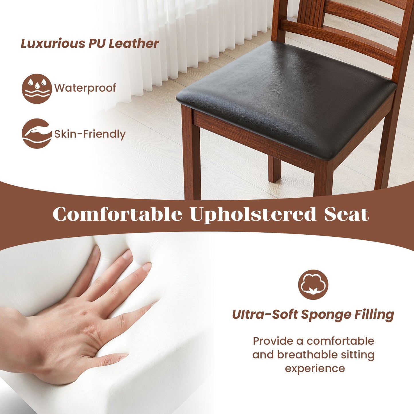 Juego de 2 sillas de cocina de madera con asiento tapizado en piel sintética-Negro