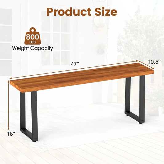 Acacia wood outdoor dining bench set of 2, 47.5 inches long with black metal legs on Tampa Home & Garden Store
