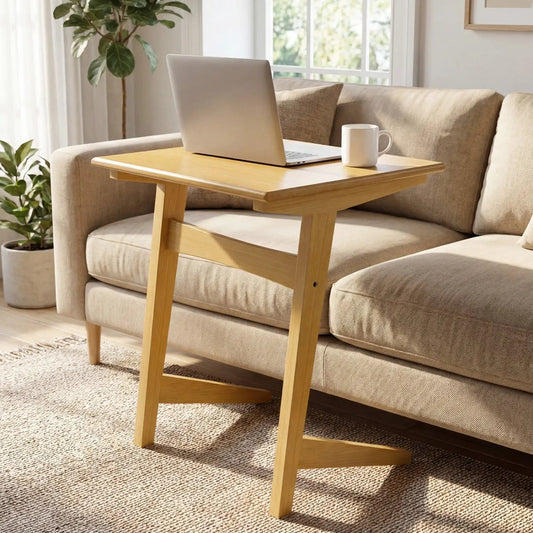 C-Shaped end table set of 2 with wood veneer tops in light oak finish beside beige sofa with laptop and mug on Tampa Home & Garden Store