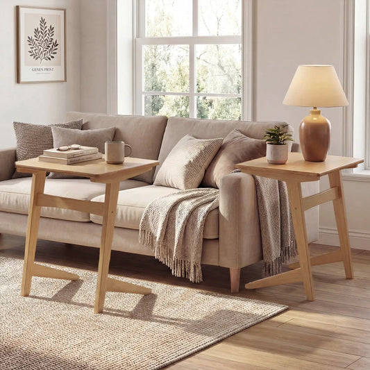 C-Shaped end table set of 2 with wood veneer tops in light oak finish beside beige sofa on Tampa Home & Garden Store