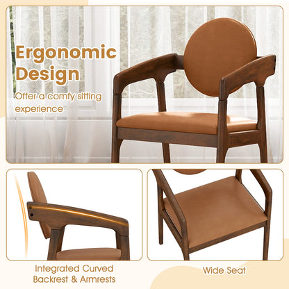 Set of 2 Wooden Dining Chair PU Leather Upholstered Armchairs-Brown