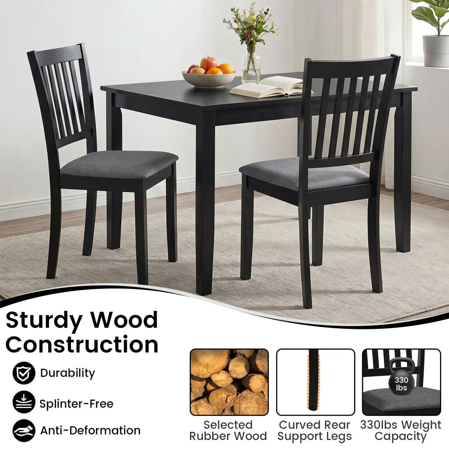 Padded Dining Chairs Set of 2 in Rubber Wood