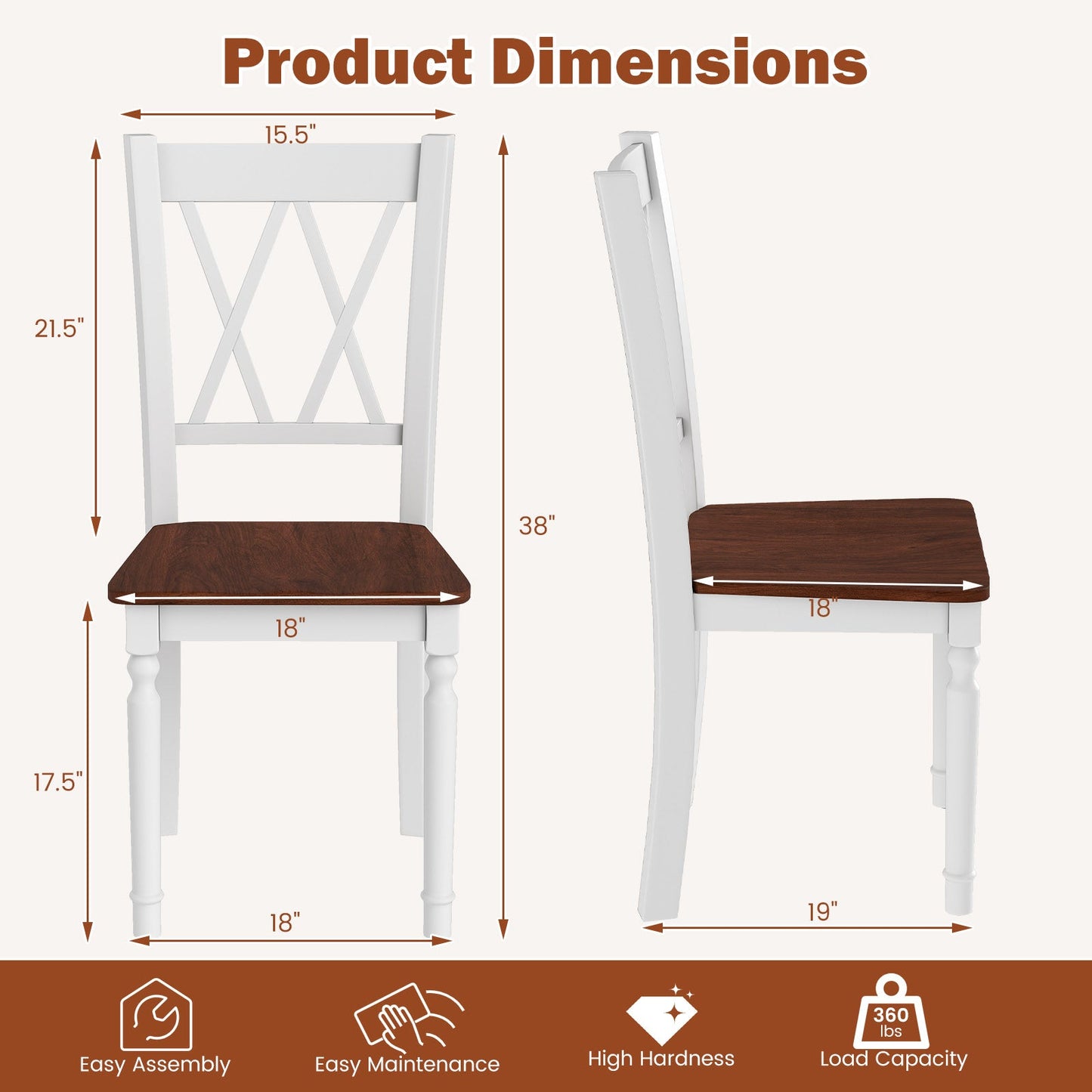 Juego de 4 sillas de cocina de madera estilo rústico con asiento de madera de caucho