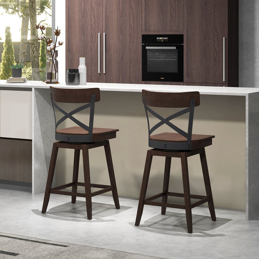 Set of 2 Wooden Swivel Bar Stools with Open X Back and Footrest-24 inches - Tampa Home & Garden Store