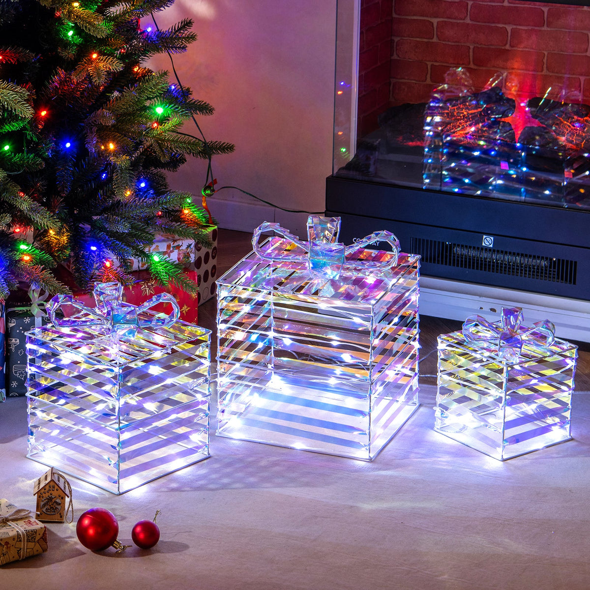 Set of 3 crystal-clear lighted gift boxes with bows by DirectDeals on Tampa Home & Garden Store