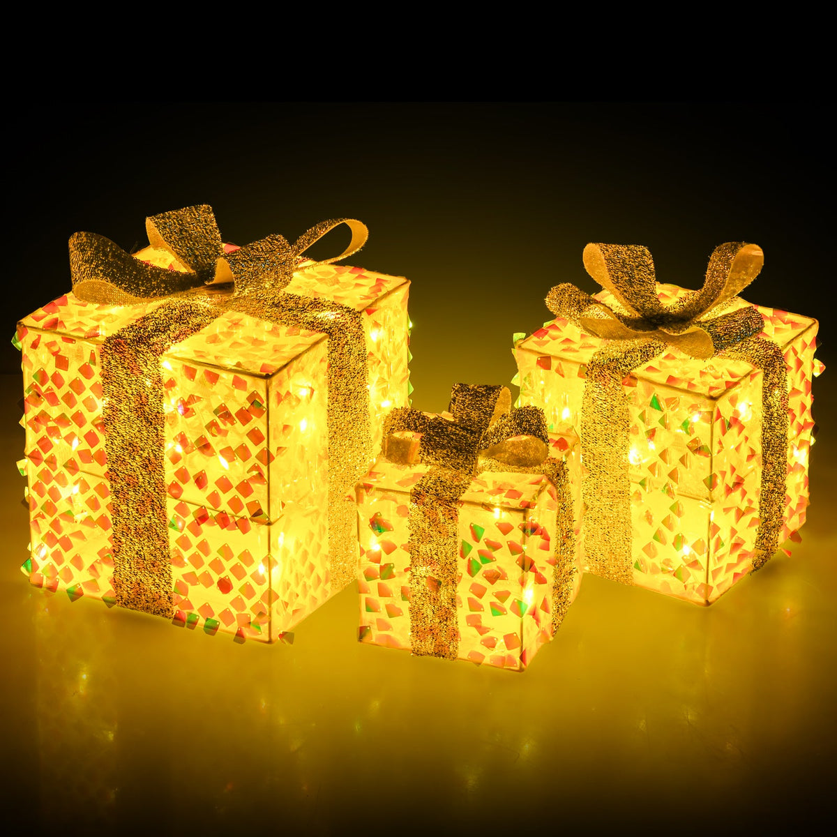 Set of 3 DirectDeals lit gift boxes with 90 LED warm lights, gold glitter wrap on Tampa Home & Garden Store