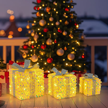 Set of 3 gold Christmas lighted gift boxes with glittery silver ribbons, pre-lit 90 LED lights on Tampa Home & Garden Store