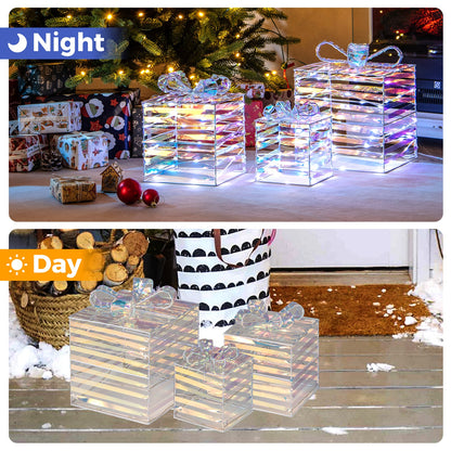 Set of 3 clear acrylic Christmas gift boxes with rainbow LEDs and bows, plug included on Tampa Home & Garden Store