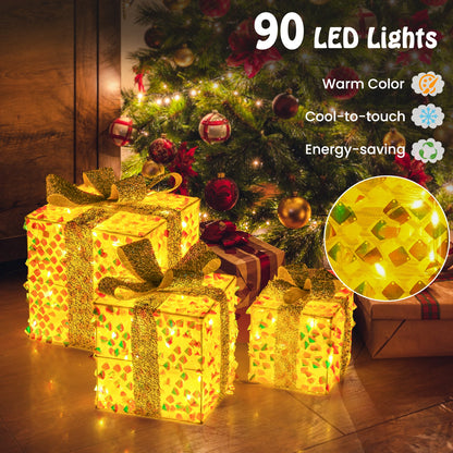 Set of 3 gold gift boxes with glittery ribbons, pre-lit 90 warm white LEDs DirectDeals on Tampa Home & Garden Store