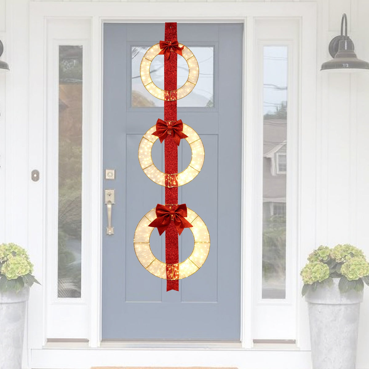 3-piece DirectDeals Christmas lighted wreaths with warm-white LED on red pole with bows on Tampa Home & Garden Store