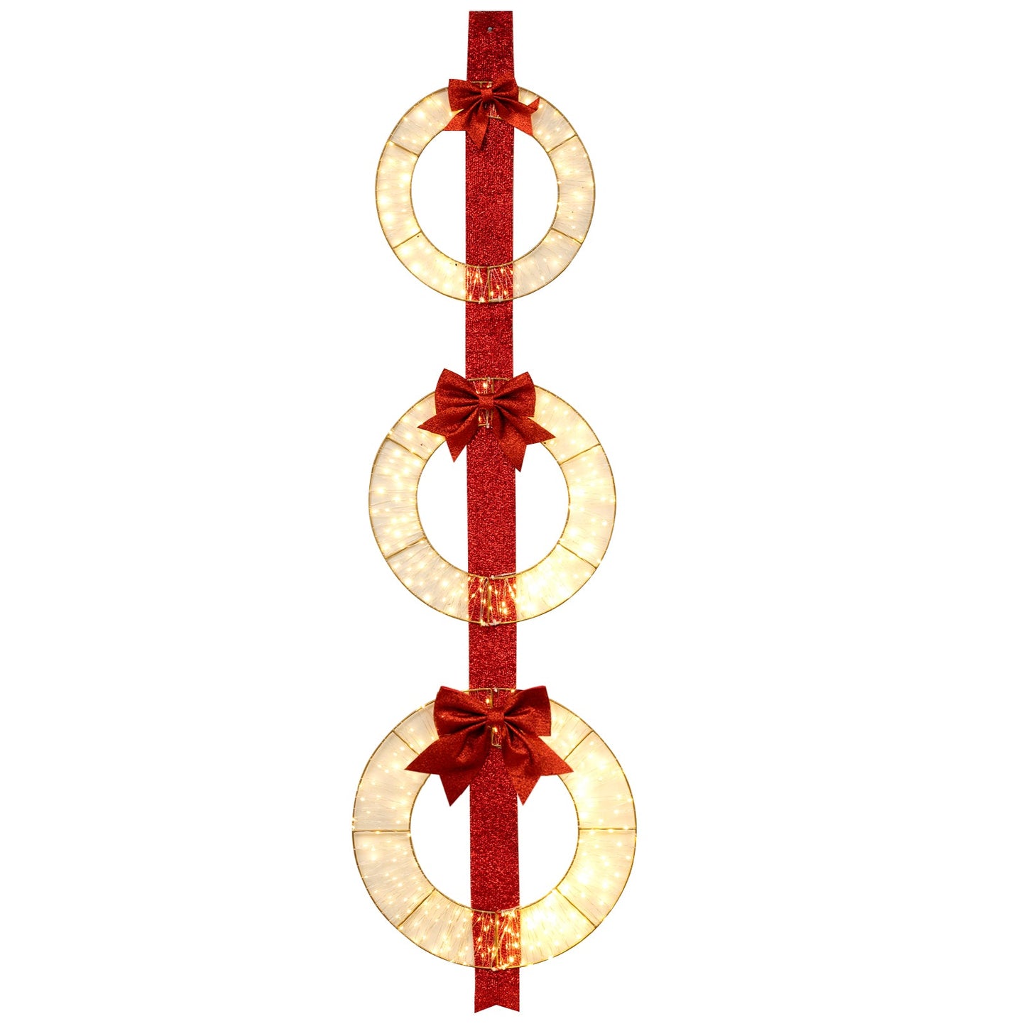 Set of 3 lighted Christmas wreaths with warm white LEDs and red bows on red ribbon on Tampa Home & Garden Store