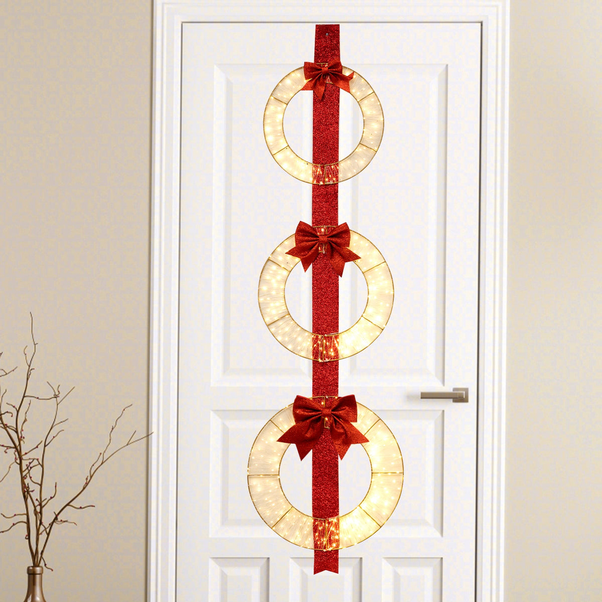 Set of 3 Christmas lighted wreaths with warm white LEDs, red glitter ribbon and bows DirectDeals on Tampa Home & Garden Store