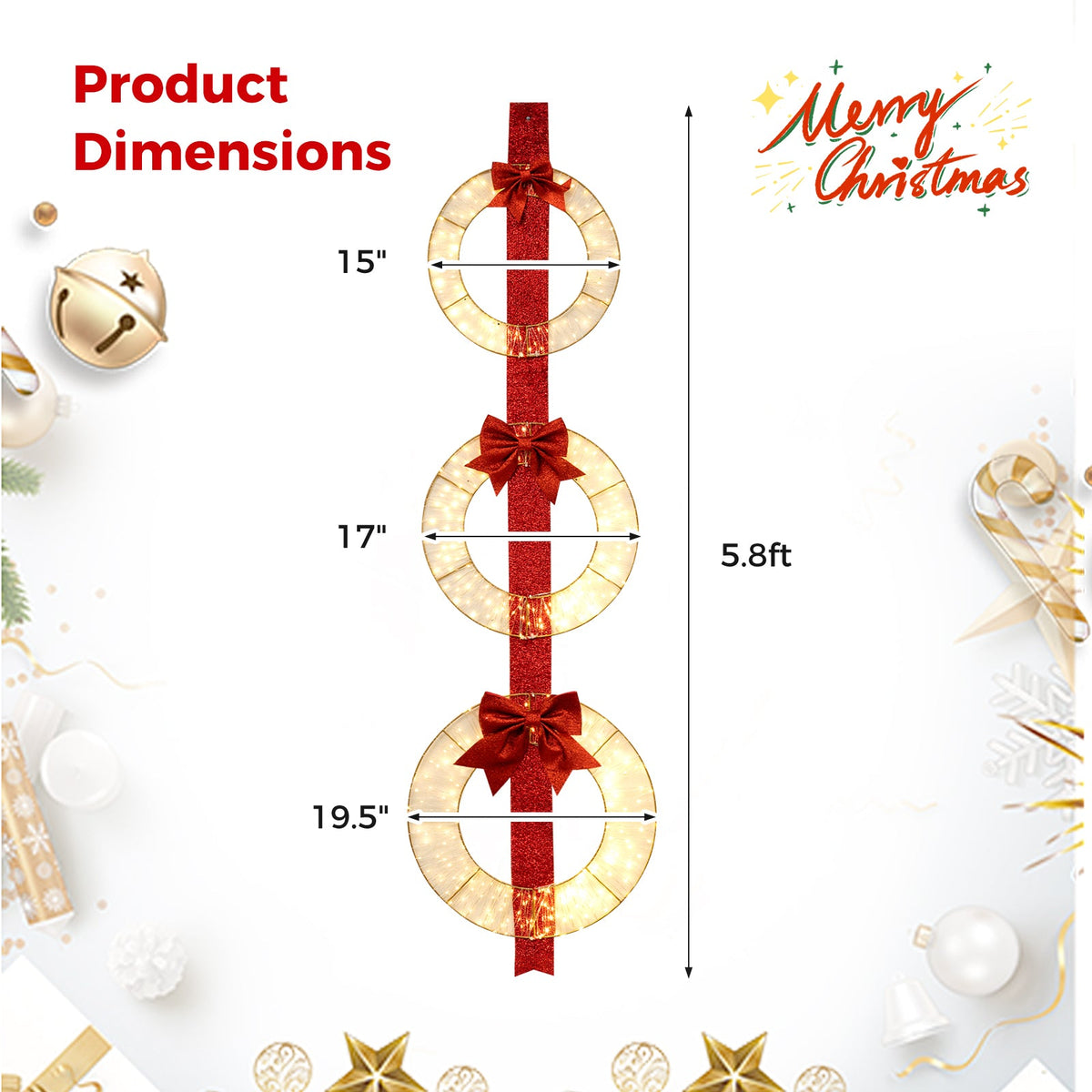 Set of 3 DirectDeals lighted wreaths with warm white LEDs and red bows, sizes 15, 17, 19.5 on Tampa Home & Garden Store