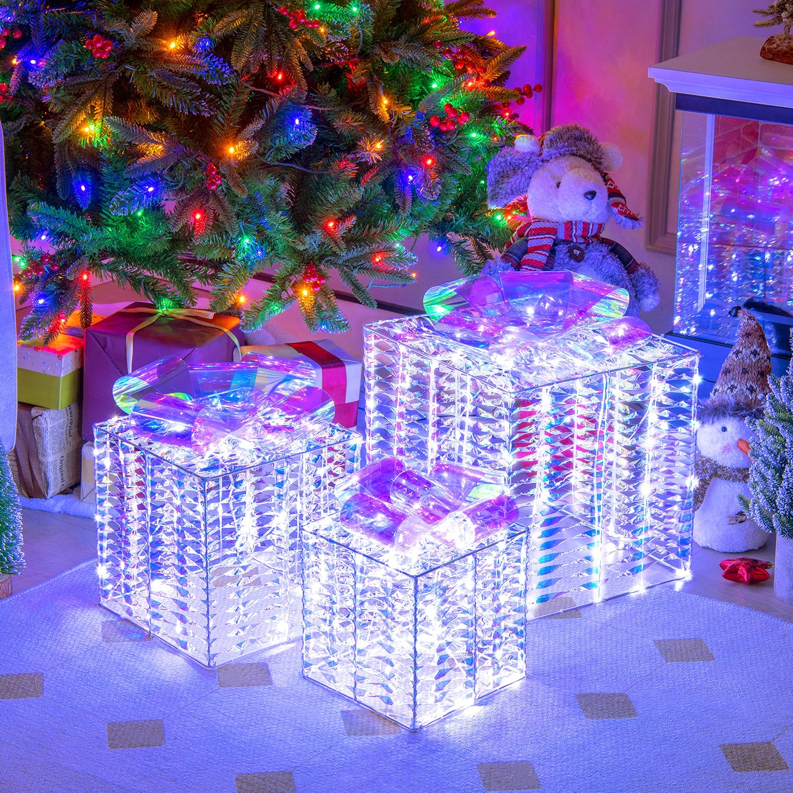 DirectDeals set of 3 iridescent gift boxes with crystal surfaces and bows under Christmas tree on Tampa Home & Garden Store