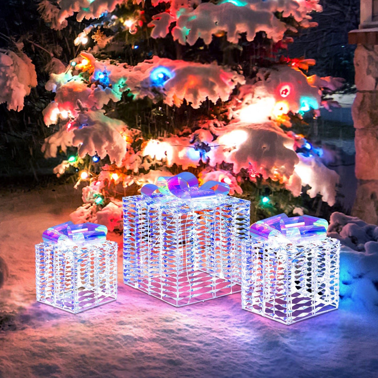 Set of 3 iridescent crystal lattice gift box ornaments with shiny bows by DirectDeals on Tampa Home & Garden Store