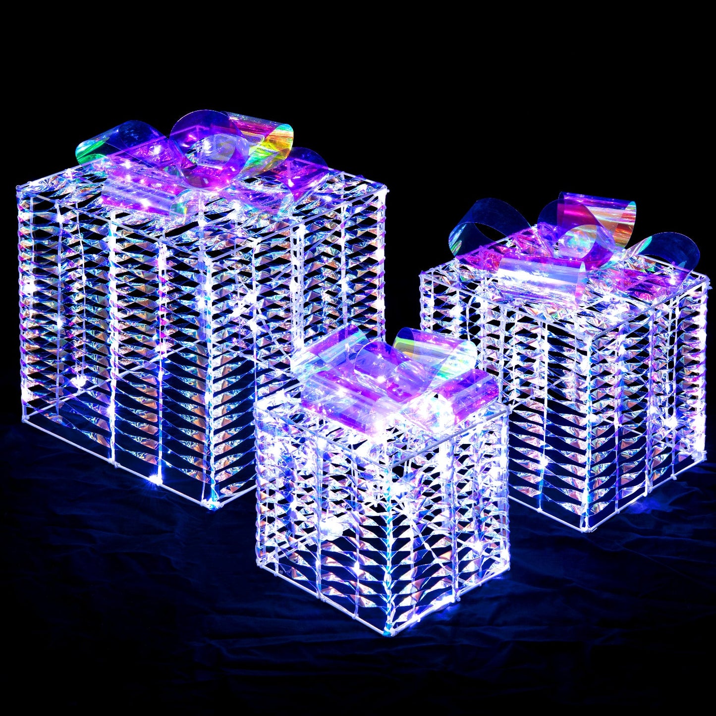 Set of 3 iridescent gift boxes with holographic bows, DirectDeals ornaments on Tampa Home & Garden Store