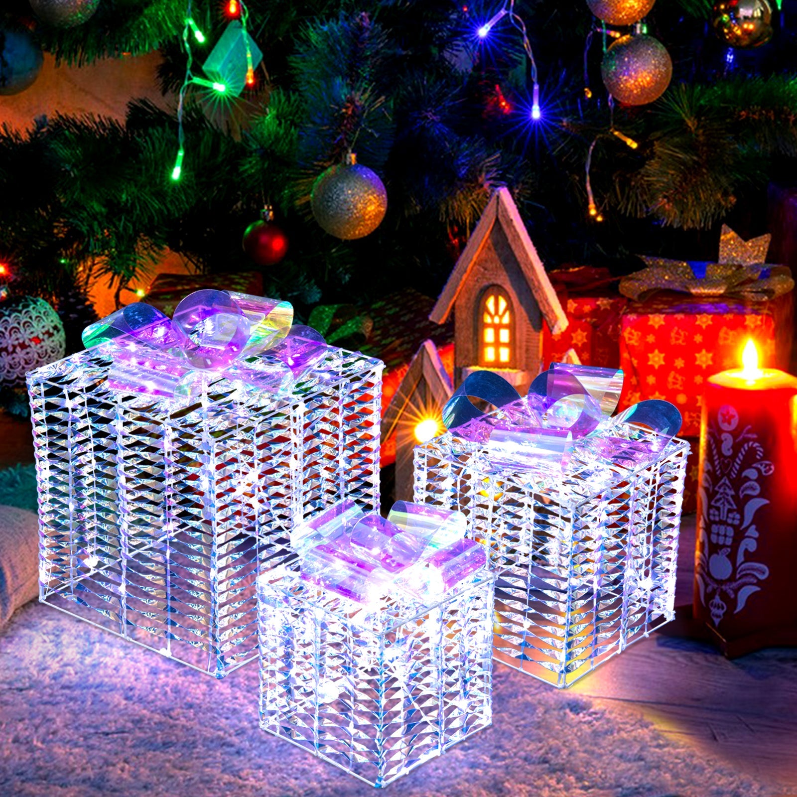 Set of 3 iridescent crystal gift boxes with shimmering bows on Tampa Home & Garden Store